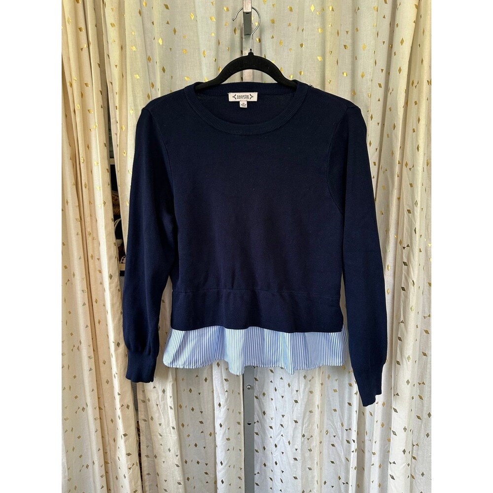 Nanette Lepore Women's Faux Layered Pin Stripe Twofer Crew Neck Rib Sweater M